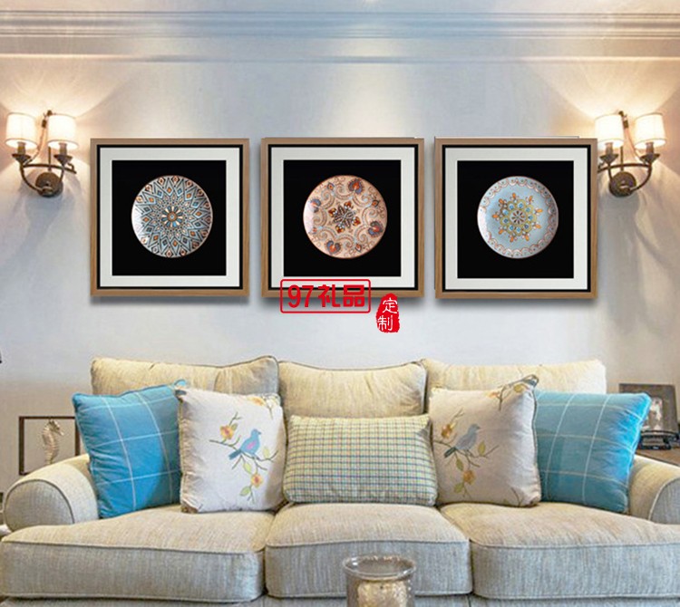 立體實物陶瓷盤軟裝樣板房有框掛畫
