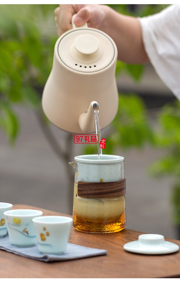 一鹿相伴快客杯青瓷茶具套裝便攜式旅行包簡(jiǎn)約泡茶器logo定制