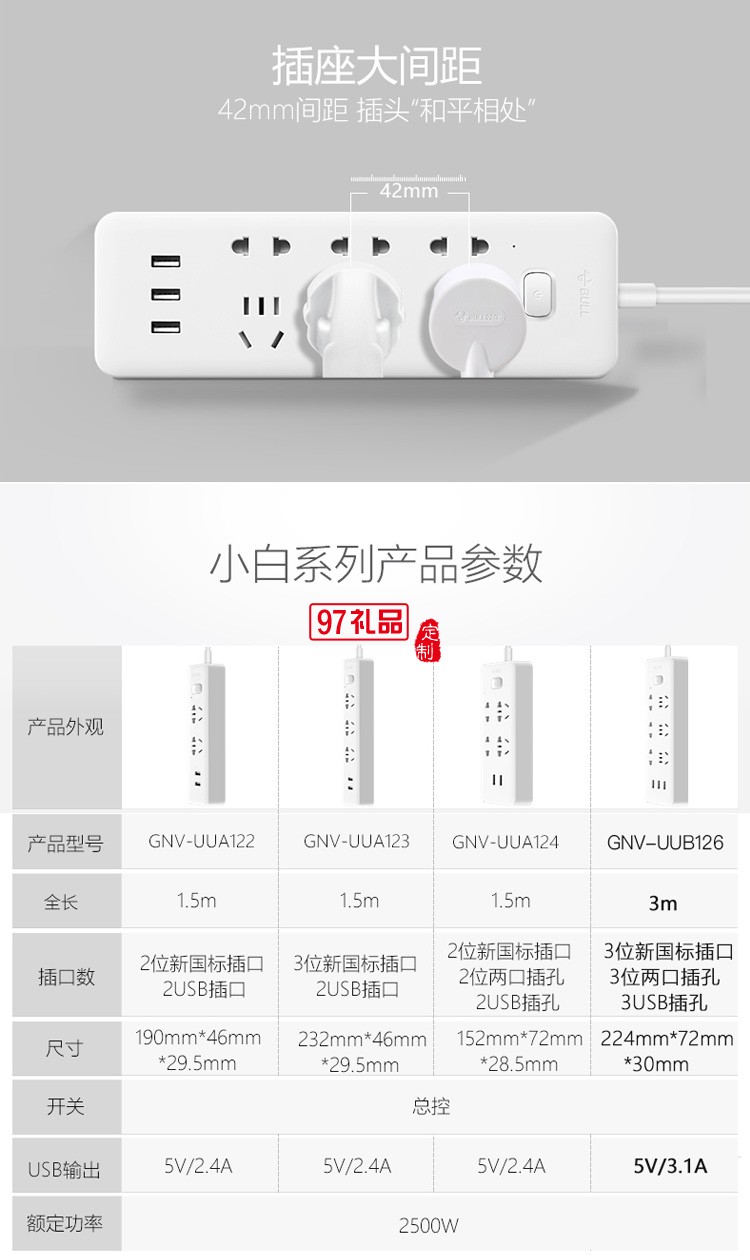 公牛插座長3米插排排插拖線板總控GNV-UUB126X定制公司廣告禮品