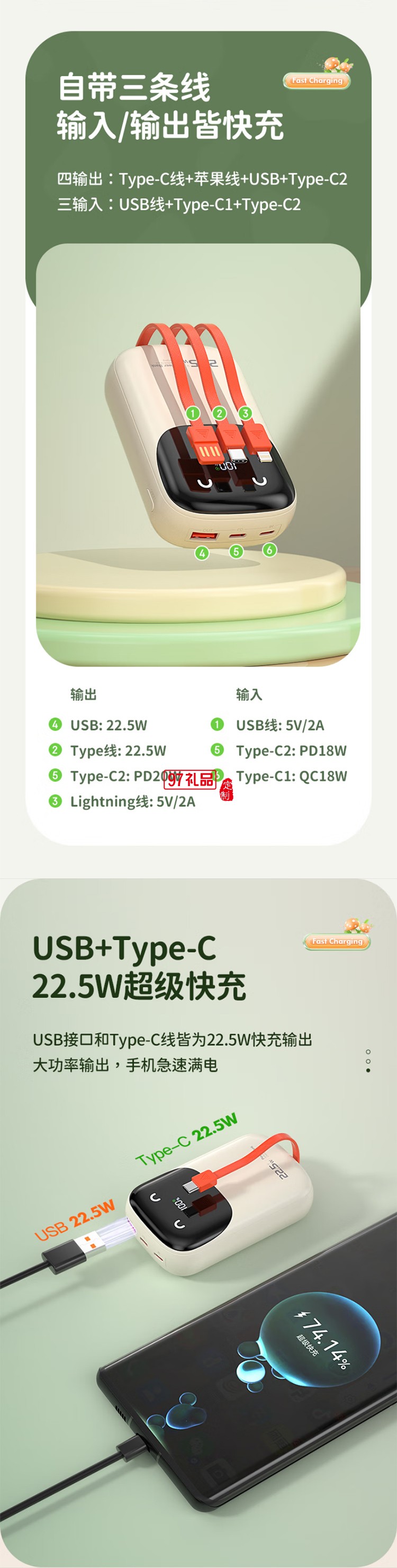 快充充電寶【3C認(rèn)證可上飛機】10000毫安時大容量自帶線22.5WP